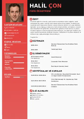 Fizik Öğretmeni CV Örnekleri cv indir